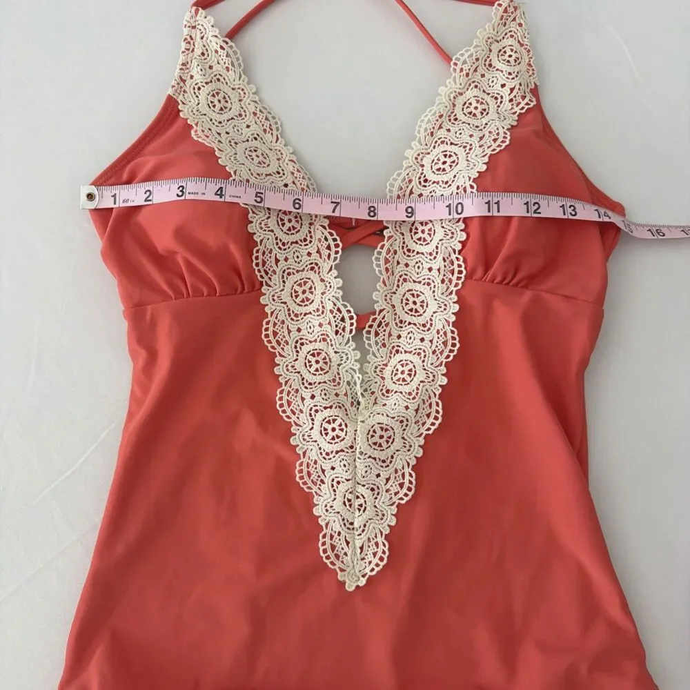 CUPSHE Womens Sz M One Piece Swimsuit Peach Coral Floral Lace Crochet Boho EUC
